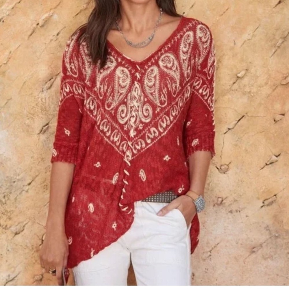 SUNDANCE Large Petite Cottonwood Lightweight Western Aztec Paisley Sweater